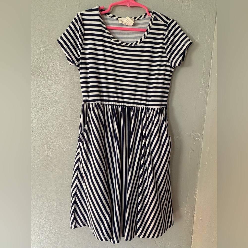Chic Navy and White Striped Kids Casual Dress
